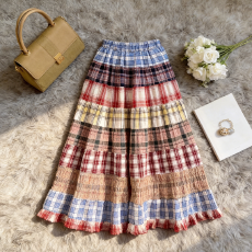 批发2026夏季复古撞色格纹拼接蛋糕半身裙女高腰显瘦大摆波西米亚<b class='q'>长裙</b>