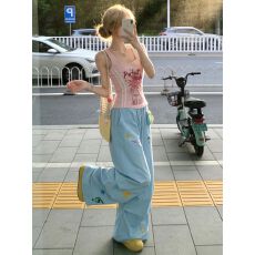 批发原版起版 趣味刺绣弯刀工装<b class='q'>裤</b>女夏褶皱阔腿<b class='q'>裤</b><b class='q'>爵士</b>跳舞长<b class='q'>裤</b>