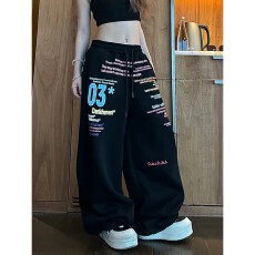 批发彩色字母印花直筒休闲<b class='q'>裤</b>女宽松阔腿拖地运动百搭长<b class='q'>裤</b>