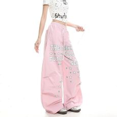 批发美式复古街头风星星字母印花阔腿裤女春季宽松系带小众设计弯刀裤