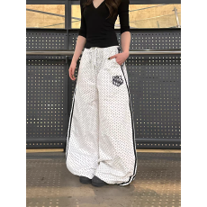 批发美式复古波点满印杠条休闲<b class='q'>裤</b>女宽松百搭垂感弯刀阔腿<b class='q'>裤</b>