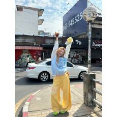批发美式复古高街春夏星旗设计感弯刀<b class='q'>阔腿裤</b>女宽松潮牌运动休闲卫<b class='q'>裤</b>