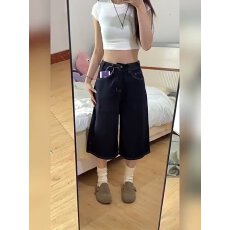 批发美式豹纹拼接刺绣牛仔七分裤<b class='q'>女</b>夏季新款直筒阔腿弯刀中裤子<b class='q'>女</b>