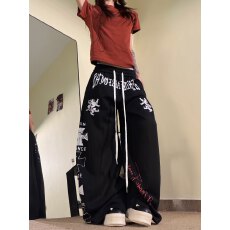批发美式复古做旧字母印花拼接弯刀裤卫裤宽松阔腿<b class='q'>百搭</b>休闲长裤女潮
