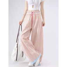 批发韩系复古红色条纹<b class='q'>阔腿裤</b>女夏季薄款2026新款蕾丝直筒花边休闲<b class='q'>裤</b>子