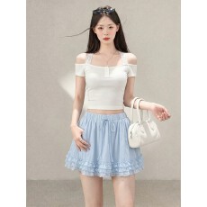 批发日韩系芭蕾风甜美木耳边百褶短裙女夏季度假风百搭a字蓬蓬裙女新