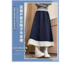 批发原版麻面格子美式复古文艺格子蕾丝半身裙女夏季高腰a字长裙