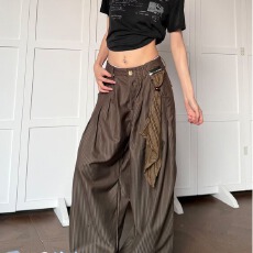 批发春季美式复古风设计感小众飘带褶皱阔腿裤<b class='q'>男</b>女高级感条纹西裤