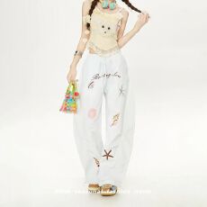批发设计感小众蓝色<b class='q'>贝壳</b>海星刺绣夏季阔腿裤女2026新款多巴胺休闲长裤