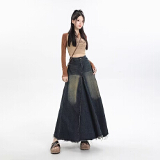 批发复古水洗磨白牛仔半身裙女2026春季新款慵懒风不规则<b class='q'>中长款</b>A字裙