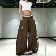 美式工装裤女高腰宽松褶皱抽绳阔腿运动裤夏季