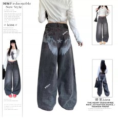 批发反穿星星翅膀印花设计感<b class='q'>牛仔裤</b>男<b class='q'>女</b><b class='q'>个性</b>baggy阔腿垂感长裤子潮