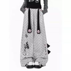 批发亚宅感甜酷运动裤女款波点猫咪印花高腰宽松休闲简约直筒显瘦<b class='q'>裤子</b>