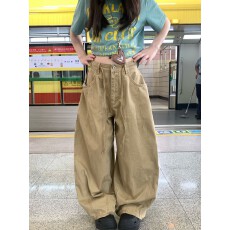 批发复古设计感卡其色弯刀<b class='q'>休闲</b>裤<b class='q'>男</b>女美式气球裤宽松阔腿<b class='q'>长裤</b>子