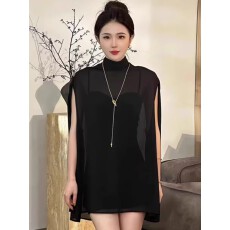 批发微透蝙蝠袖无袖<b class='q'>雪纺</b><b class='q'>衫</b>女中长款夏季防晒罩衫薄款削肩外搭薄纱上衣