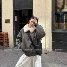 批发板栗可可Bankelili'纽约雨季'毛毛翻领宽松韩系棉服夹克外套女冬