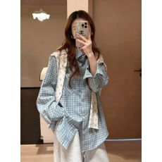 批发韩国东大门秋季新款休闲复古气质时尚百搭设计细格纹口袋衬衫上衣