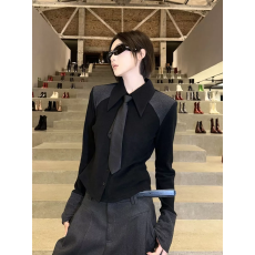 批发极简风黑色拼接长袖衬衫秋冬季新款时尚显瘦翻领长袖内搭长袖上衣