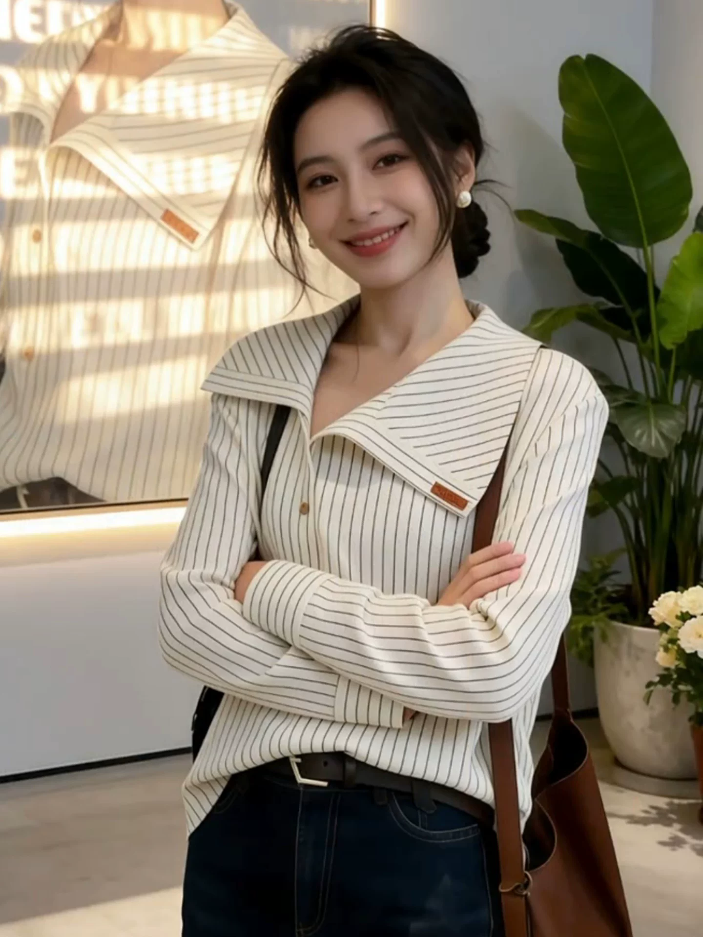 불규칙 폴로 칼라 스트라이프 여성 셔츠 디자인 센스 긴팔 셔츠 2026 새로운 봄 가을 고급 센스 품격 맨위