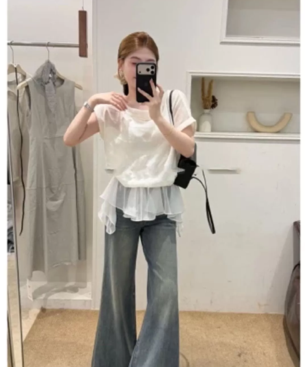 한 부서 부드러운 바람 반팔 티셔츠 여성 여름 페이크 레이어드 패치워크 프릴 밑단 슬림해 보이는 표지 고기 다용도 맨위