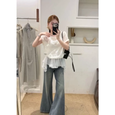 批发韩系温柔风短袖<b class='q'>t</b><b class='q'>恤</b>女夏季假两件拼接荷叶边下摆显瘦遮肉百搭上衣