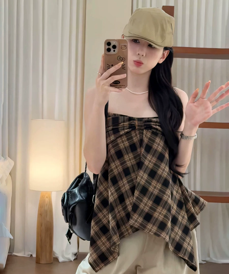 한 부서 작은 키 레트로 스타일 체크무늬 캐미솔 2026 여름 새로운 패션 품격 트렌드 섹션 맨위