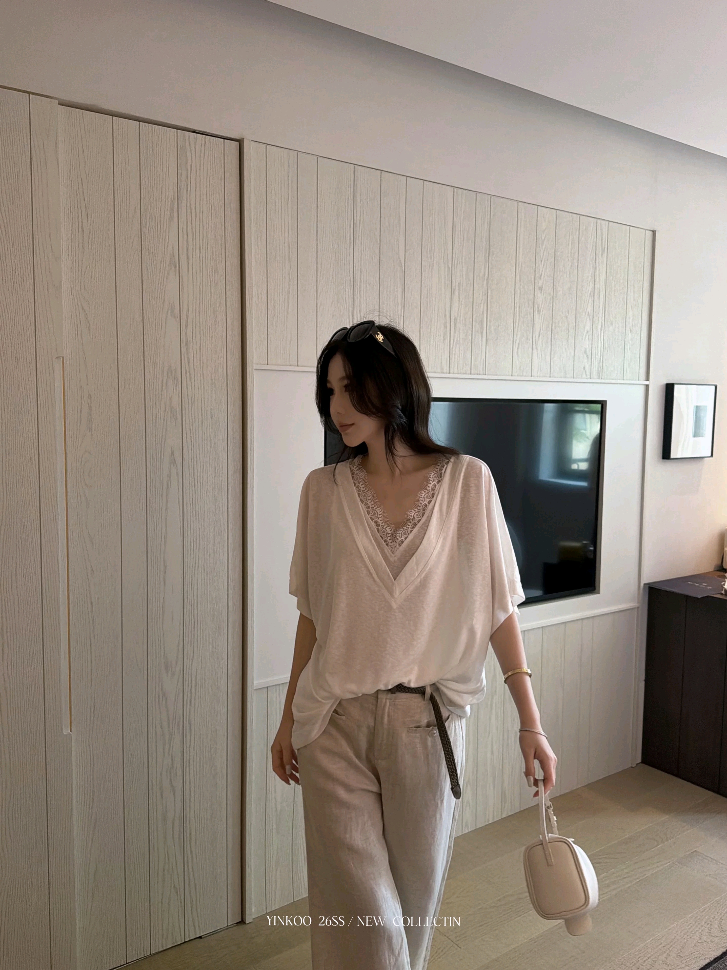 yinkoo 굴곡 t 라이 경기 서울 아마 레이스 V넥 루즈핏 느슨함 오래된 돈 바람 페이크 레이어드 반팔 맨위