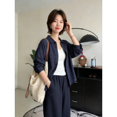 批发港风复古风格子长袖衬衫外套<b class='q'>女</b>夏季新款轻薄透气宽松防晒开衫上衣