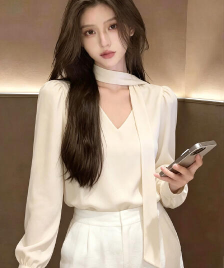 프랑스식 행침 목 리본 V넥 여성 셔츠 봄 가을 작은 키 디자인 센스 셔츠 경력 출퇴근 긴팔 맨위