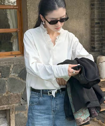 오래된 화이트 흰색이 아님 바로크 가을 새로운 쑥 섬유 혼방 프릴 V 넥 셔츠 l