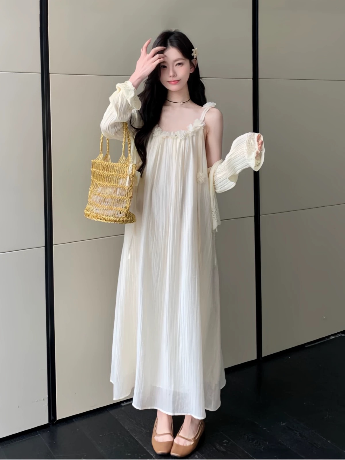 프랑스식 고급 센스 3 차원 꽃 슬립 여성 드레스 여름 휴가 바람 느긋한 캐주얼 주름 루즈핏 빅 플레어 스커트