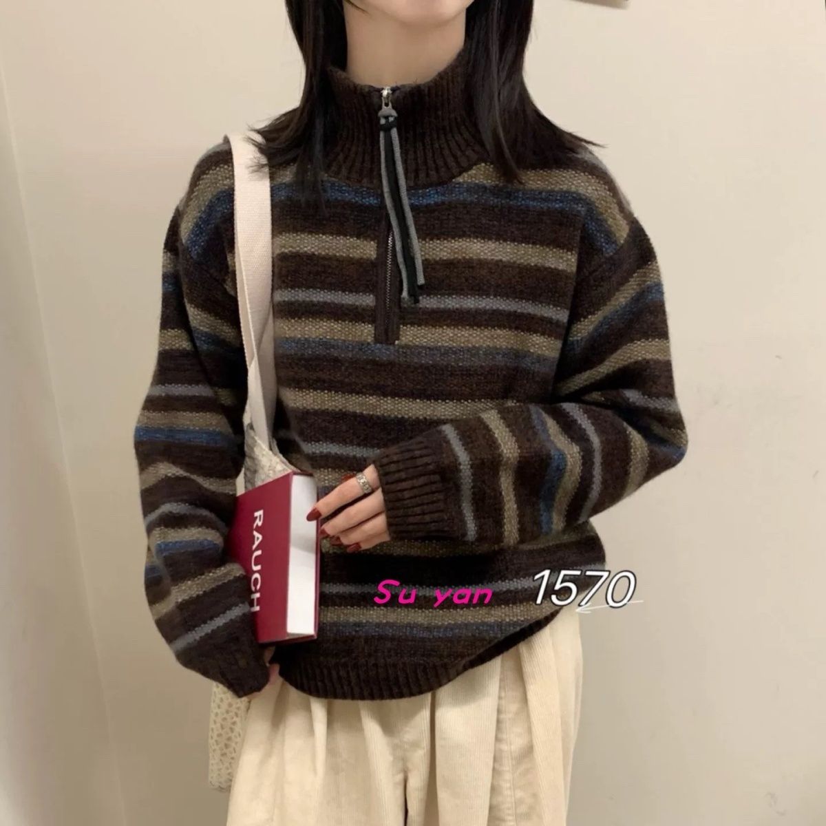 패션 패치워크 색상 플라워 라인 하프 지퍼 스웨터 여자 가을 겨울 새로운 한국 스타일 루즈핏 다용도 캐주얼 스트라이프 니트 맨위