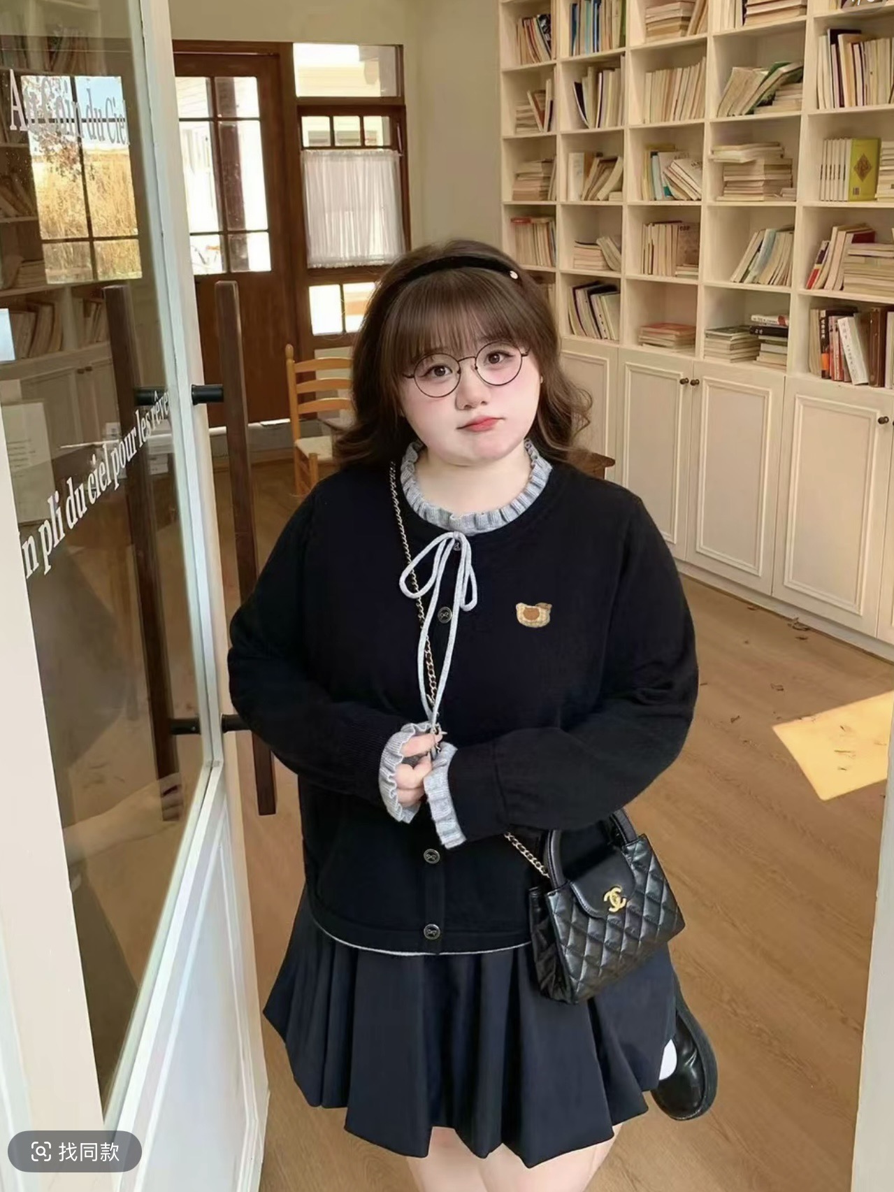 빅 사이즈 한 부서 나비 매듭 라운드 넥 페이크 레이어드 지방 mm 슬림해 보이는 니트 스웨터