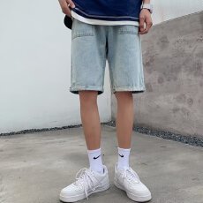 批发<b class='q'>日系</b><b class='q'>复古</b>宽松牛仔短裤男夏季薄款潮流卷边纯色五分裤百搭学生