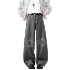 批发美式设计高级感刺绣灰色休闲西裤男女弧形垂感阔腿弯刀长裤子