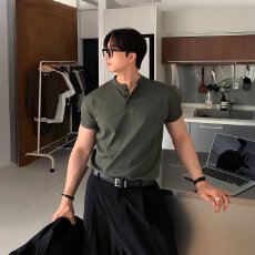 批发夏季纯色简约亨利领短袖T恤男韩版修身百搭<b class='q'>商务</b><b class='q'>休闲</b>高级感上衣潮