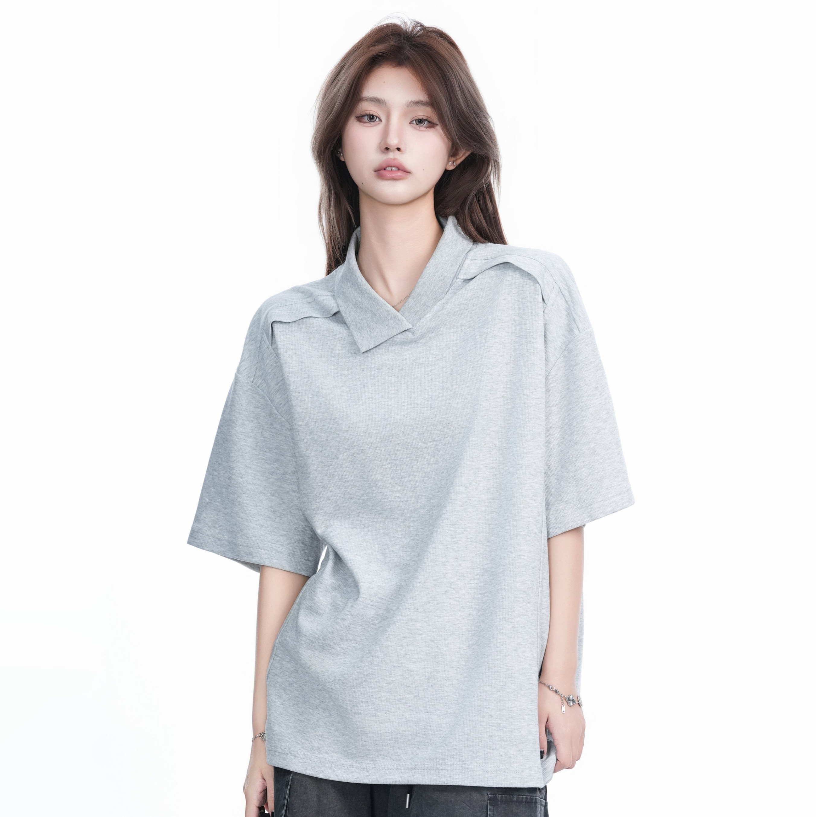 고급 센스 해체 폴로 칼라 티셔츠 남녀 봄 여름 아메리칸 불규칙 디자인 POLO 셔츠 ins 단색 커플 반팔