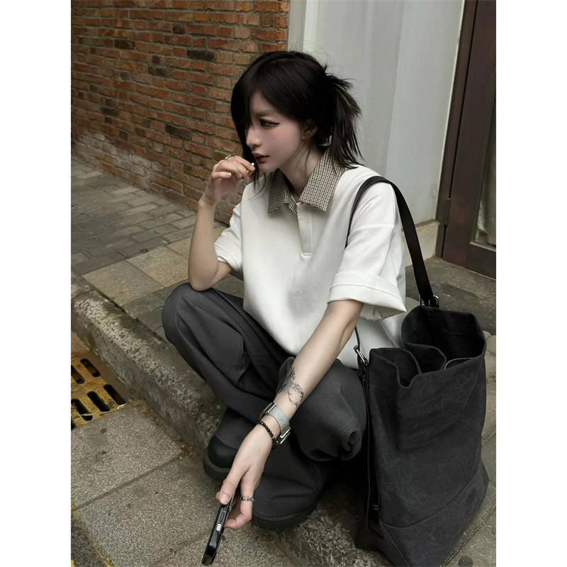 인기 여름 커플 레트로 작은 대중 페이크 레이어드 티셔츠 높은 품질 체크무늬 폴로 칼라 POLO 셔츠 남성과 여성 루즈핏 맨위