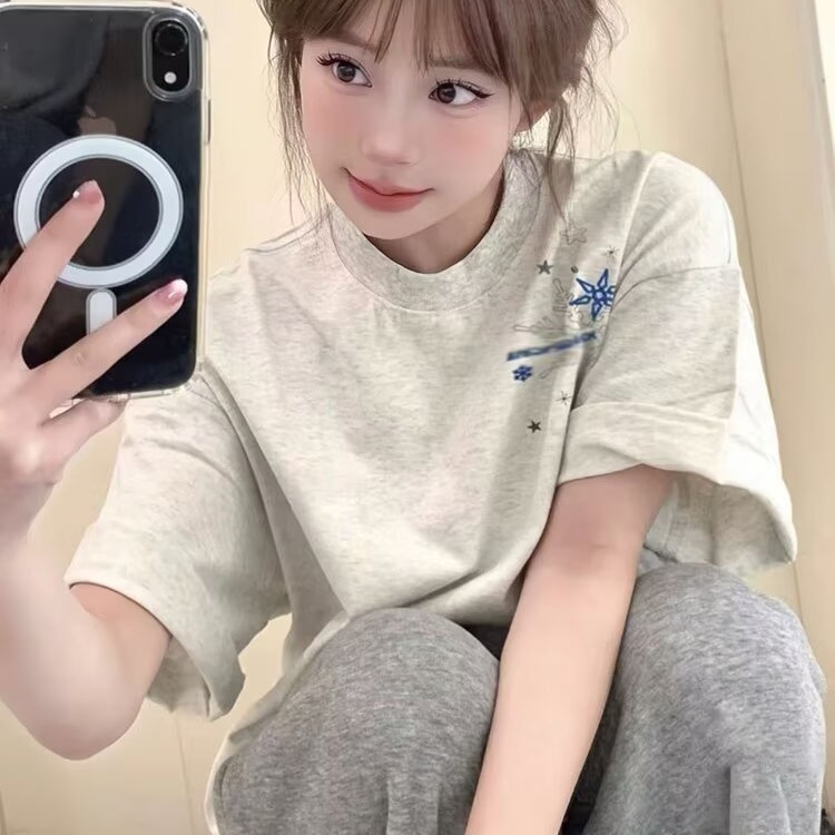 무거운 순면 반팔 티셔츠 남성과 여성 ins 유럽과 미국 커플 동정 웃음 하 바람 라운드 넥 기본 셔츠 맨위 여름