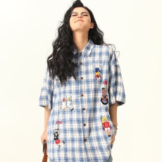 批发美式复古运动刺绣格子<b class='q'>衬衫</b>宽松百搭情侣慵懒<b class='q'>衬衣</b>情侣中性<b class='q'>短袖</b>新款