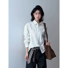 批发春夏泡泡纱条纹<b class='q'>衬衫</b>男女设计感正肩<b class='q'>长袖</b><b class='q'>衬衣</b>美式cleanfit情侣薄款