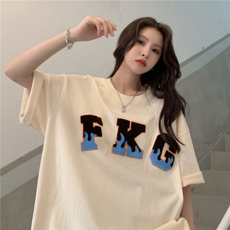 알파벳 불꽃 수건 자수 반팔 티셔츠 커플 아메리칸 거리 남녀 동정 ins 루즈핏 캐주얼 만나는 맨위