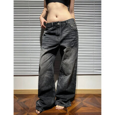 批发美式复古情侣显瘦水洗弯刀<b class='q'>直筒</b><b class='q'>牛仔裤</b>男女宽松辣妹显高拖地长裤子