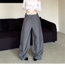 批发复古春夏竖条纹设计高级感<b class='q'>西裤</b>男女cleanfit垂感阔腿西装休闲裤潮