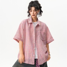 批发美式新款春夏潮牌情侣格子肌理感短袖<b class='q'>衬衫</b>男女宽松百搭设计感<b class='q'>衬衣</b>