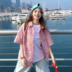 批发美式复古<b class='q'>情侣</b><b class='q'>格纹</b>短袖衬衫男女春夏日系宽松设计感泡泡纱格子衬衣