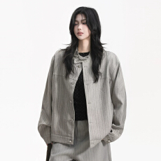 批发春秋轻熟简约立领金属排扣外套男女复古竖纹宽松廓形情侣<b class='q'>街头</b>夹克