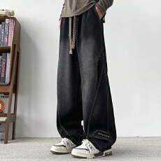 复古美式阔腿牛仔裤宽松抽绳阔腿裤男女春秋刺绣情侣阔腿弯刀裤子