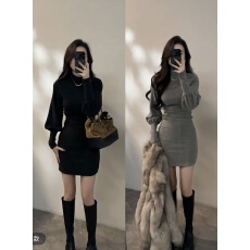 批发【大婷婷】复古冬季灯笼袖半高领连衣裙秋冬裙子晚宴场合女装