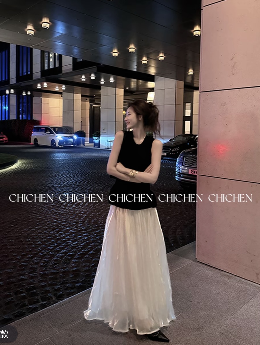 chichen- 질감 센스 물결무늬 니트 3 차원 밑단 조끼 스타일 맨위 반신 스커트